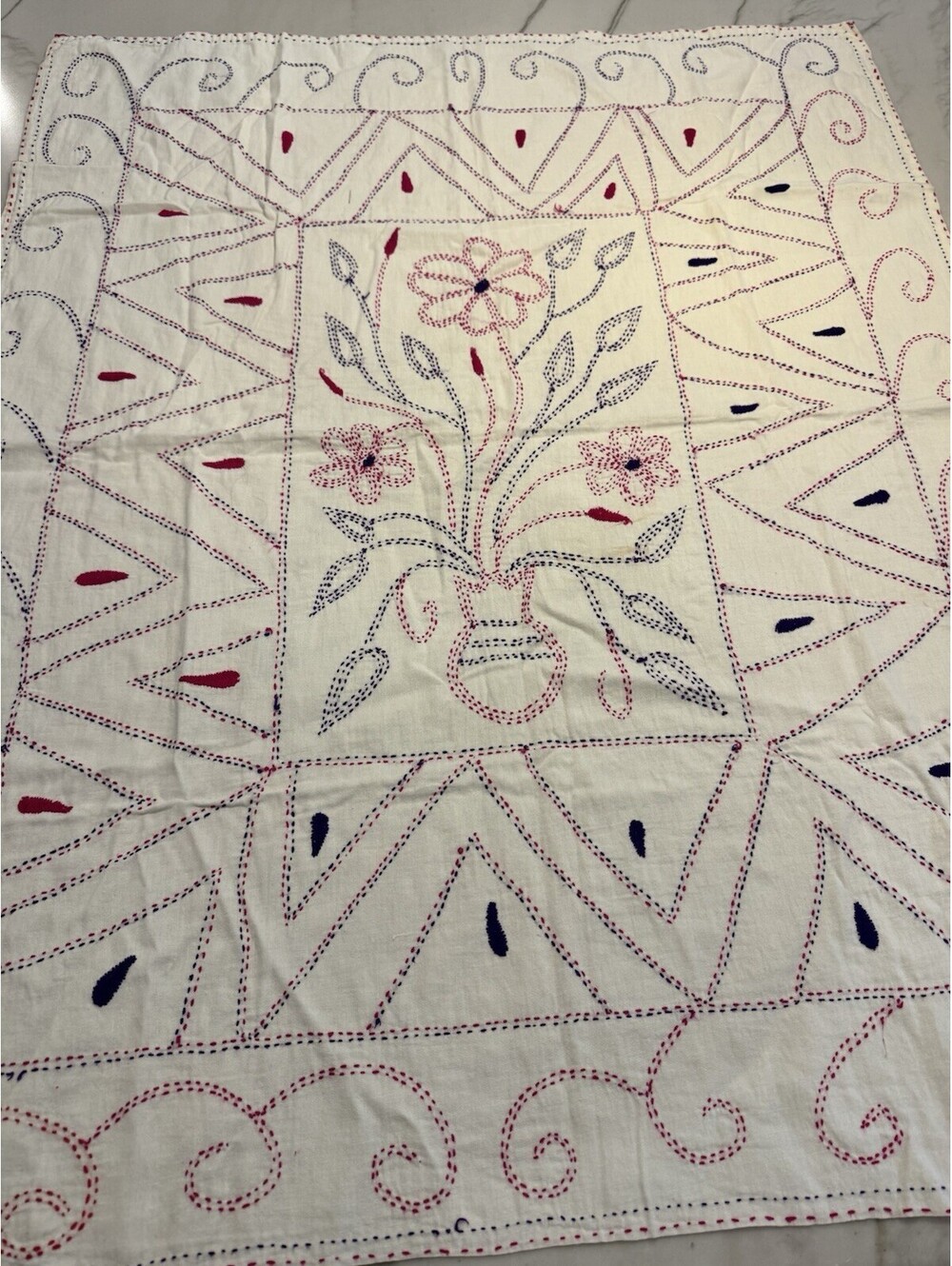 Vintage 1990s Bangladesh Handmade Kantha Embroidered Textile Floral 31.5x39.5